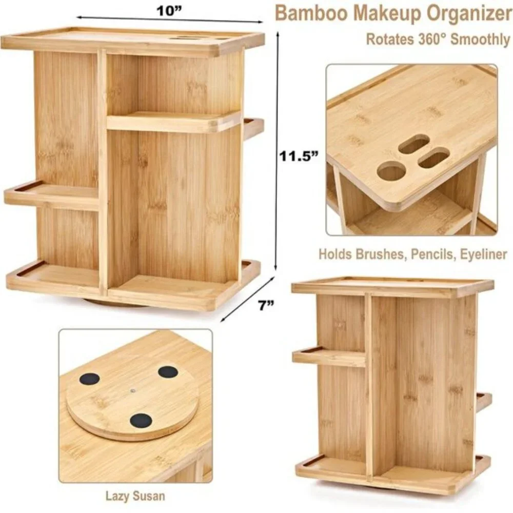 New 360° Bamboo Makeup Organizer, Rotating Cosmetic Storage for Vanity